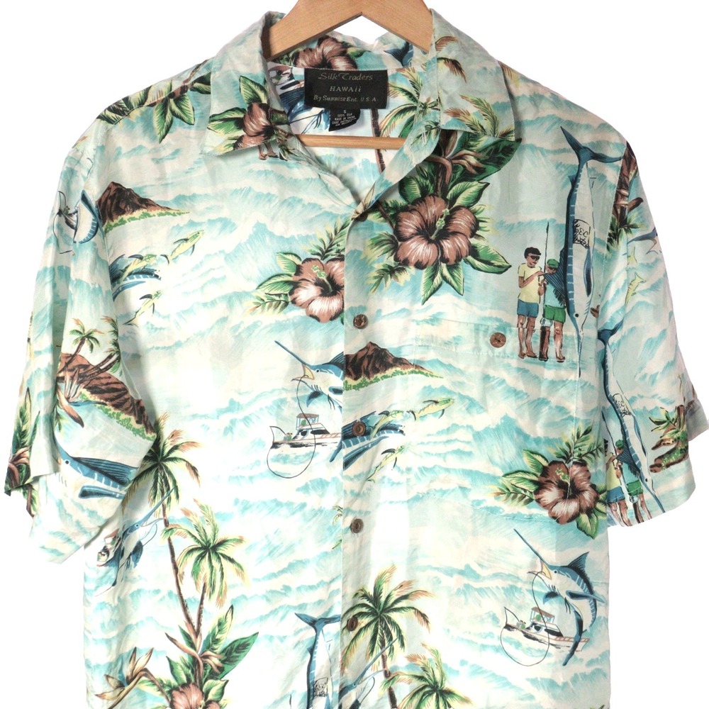 Silk Traders Hawaiian Shirt Men Small Giant Marlin Fishing Ocean AOP 100% Silk